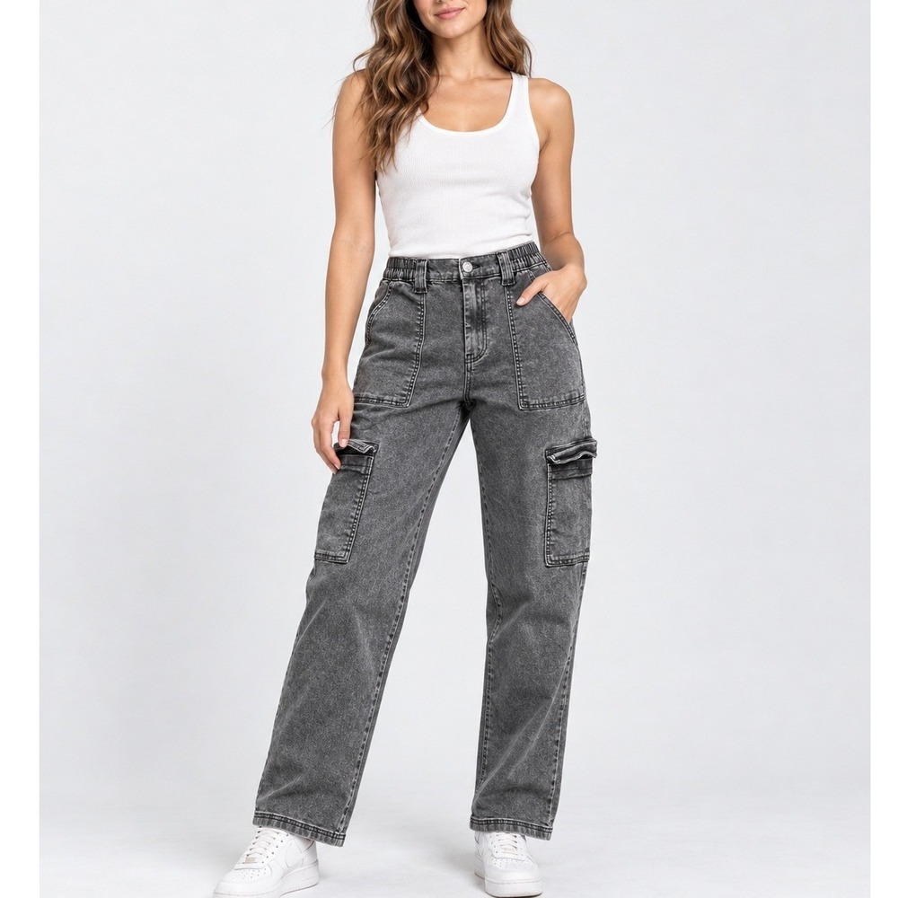 Flying Angel Washed Black Cargo Jeans Women's 13/31 High Rise Utility Y2K